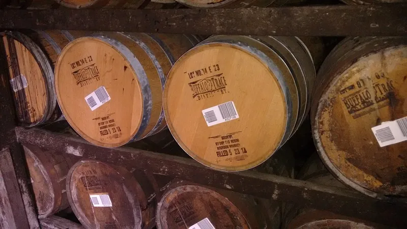 Stencilled barrel heads stacked on the rick at Buffalo Trace
